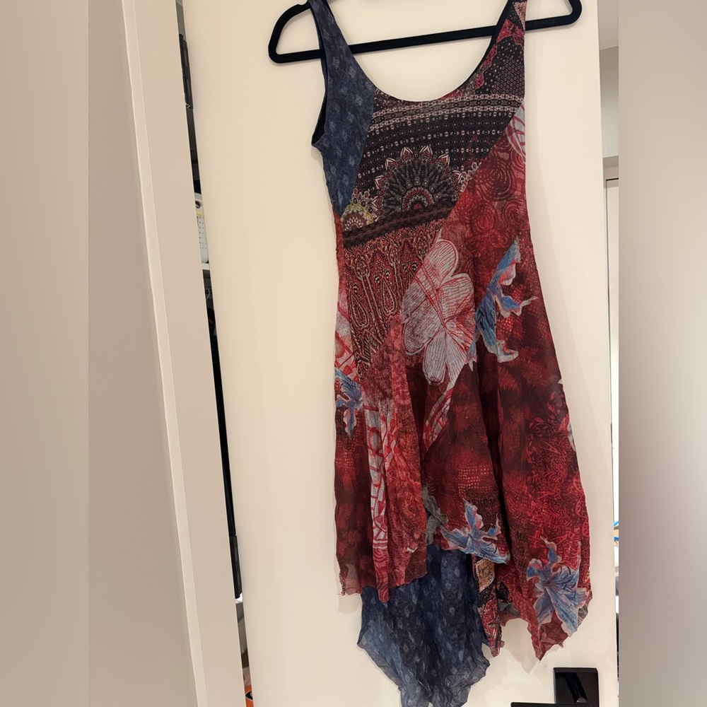 Desigual Pattern Dress with Asymmetrical Hem, women’s, blue, red Size S